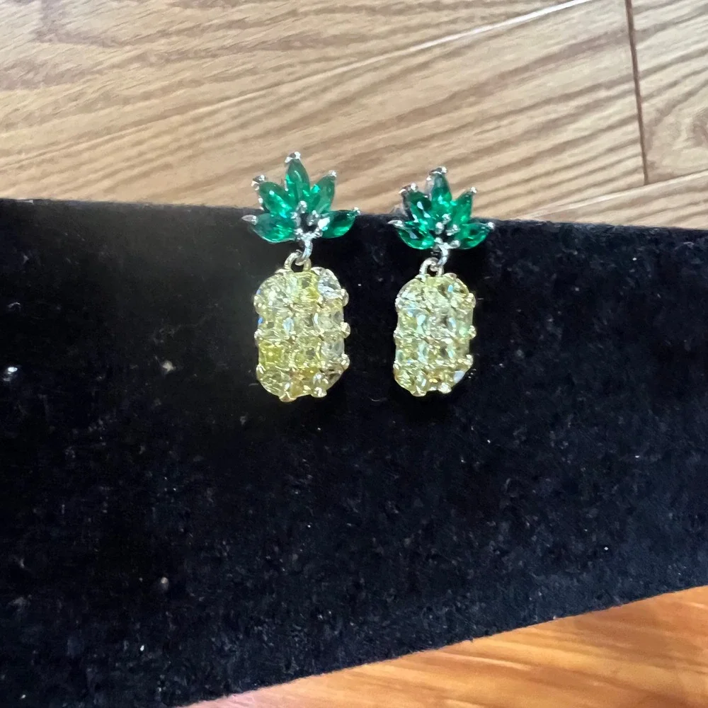 Yellow Green Crystal Pineapple Drop‎ Earrings Tropical Costume Jewelry Summer